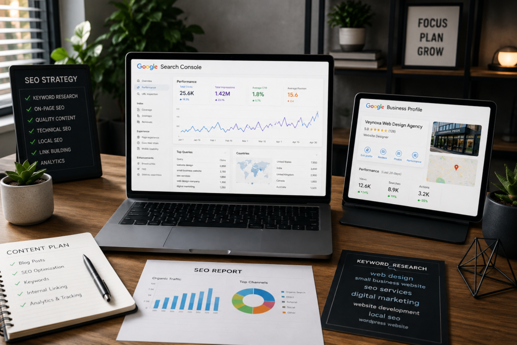 SEO analytics dashboard and Google business optimization tools in a modern office workspace