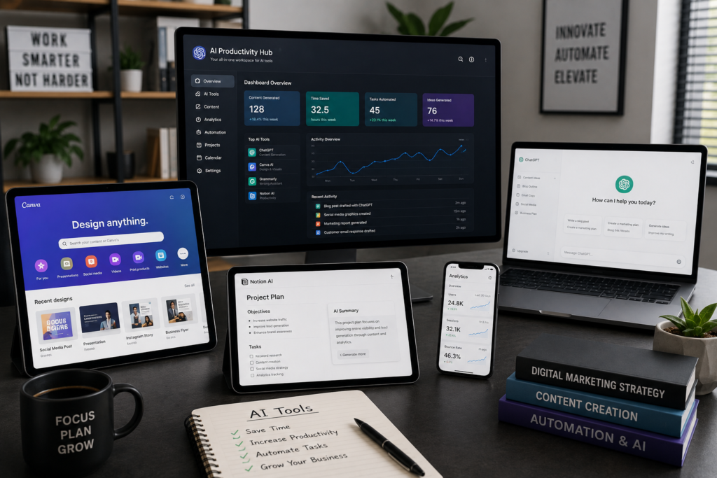 AI productivity tools dashboard and business automation workspace without people