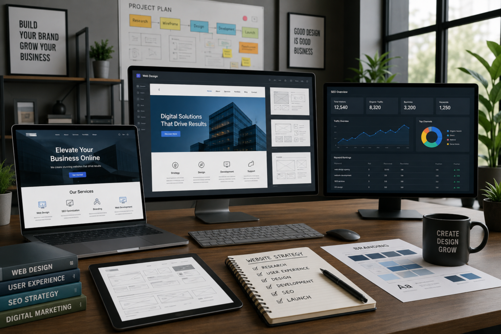 Professional web design agency workspace with website design layouts, SEO analytics, branding elements, and business growth dashboards.