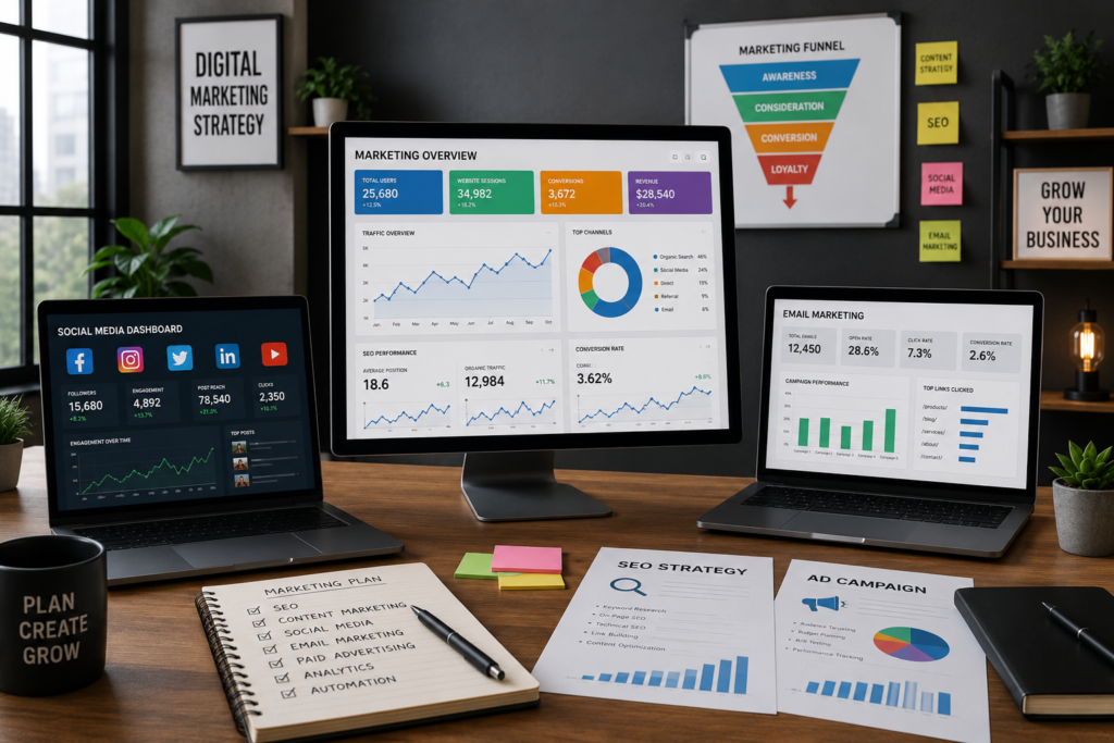 Modern digital marketing workspace displaying SEO analytics, social media dashboards, email marketing reports, and business growth charts.