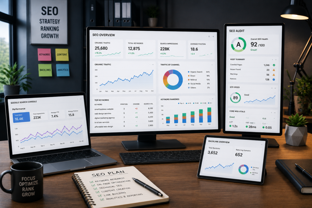 Modern SEO analytics workspace displaying keyword rankings, website performance reports, and business growth dashboards.