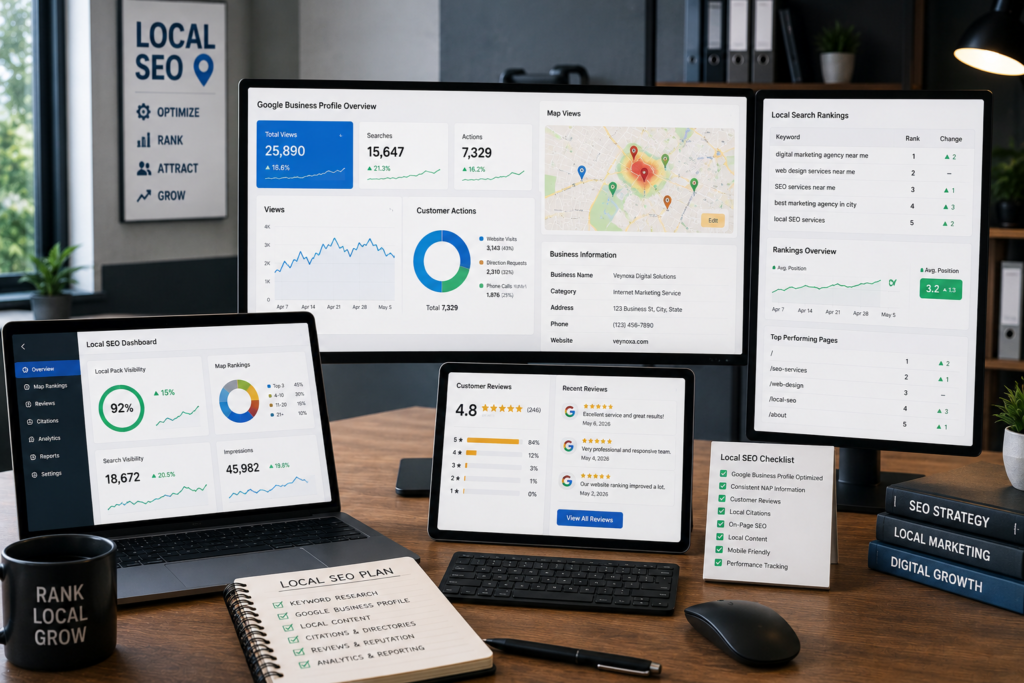 Modern local SEO workspace displaying Google Maps analytics, local search rankings, and business performance dashboards.