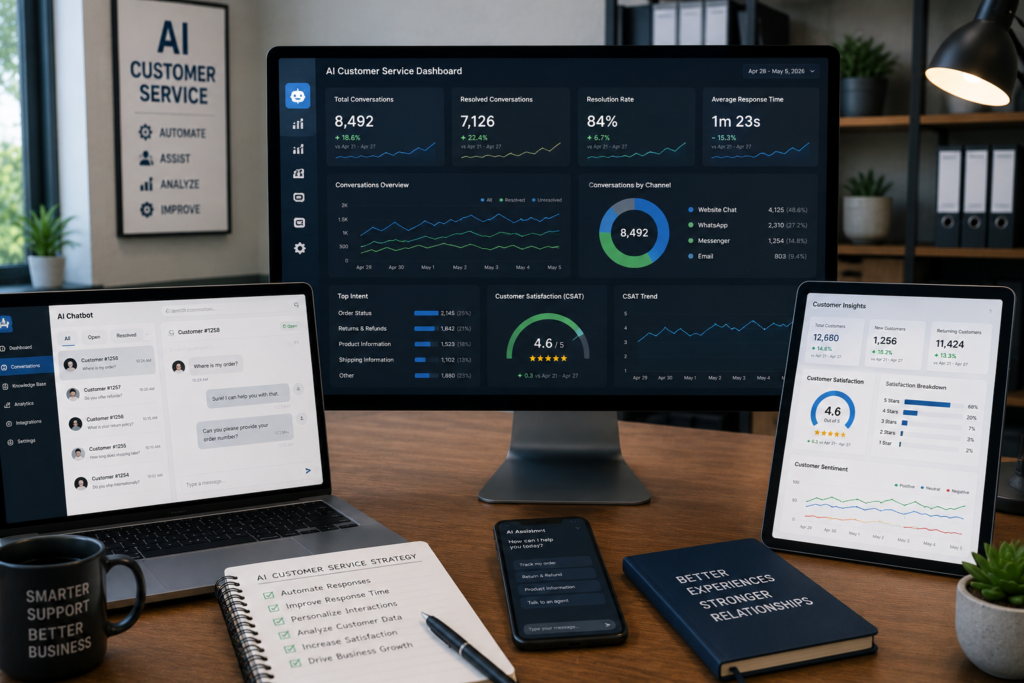 Modern AI customer service workspace displaying chatbot analytics, customer support dashboards, and business performance metrics.