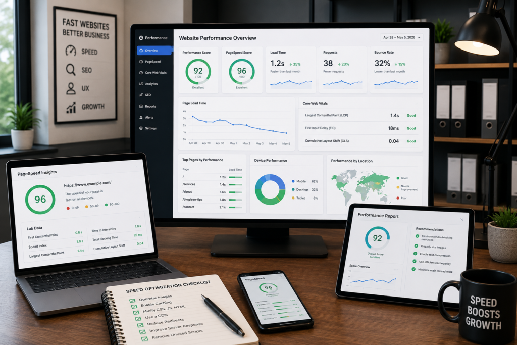 Modern website performance workspace displaying website speed analytics, SEO dashboards, and performance optimization reports.