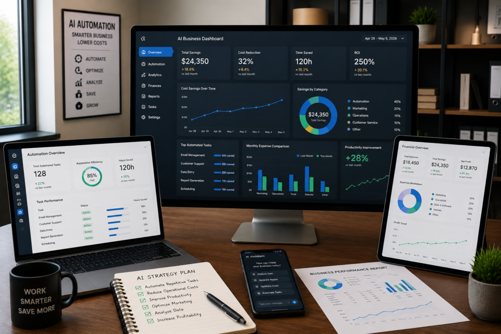 How AI Saves Money for Small Businesses Modern business workspace displaying AI automation dashboards, cost reduction analytics, and business performance reports.
