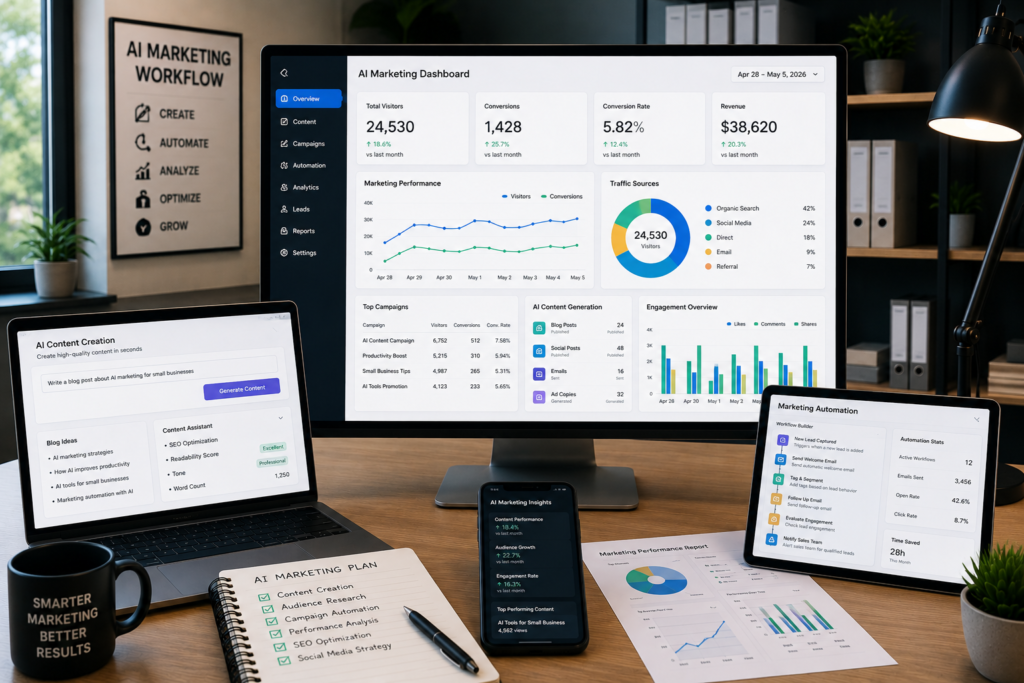 Best AI Marketing Tools for Small Businesses in 2026 Modern AI marketing workspace displaying marketing automation dashboards, analytics reports, and business productivity tools.