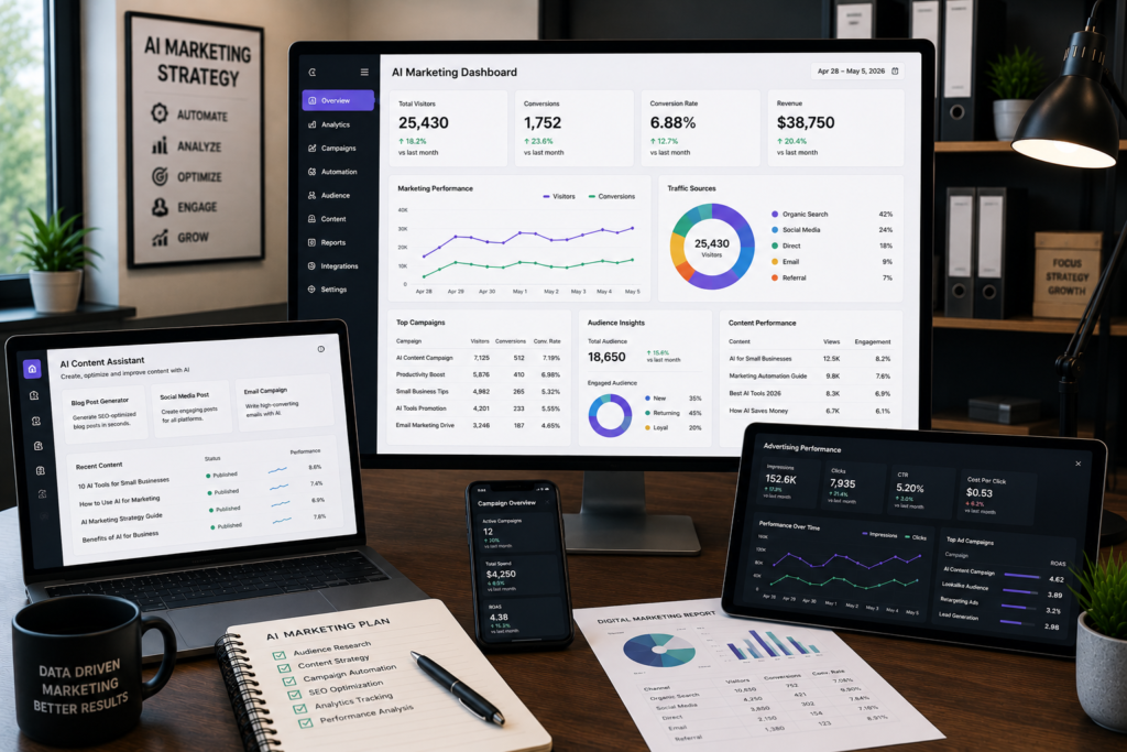 How Small Businesses Can Use AI for Marketing Modern AI marketing workspace displaying artificial intelligence dashboards, marketing analytics, and business automation tools.