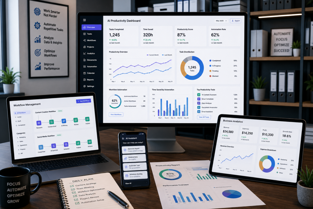 How AI Can Improve Business Productivity Modern business productivity workspace displaying AI automation dashboards, workflow management systems, and business analytics reports.