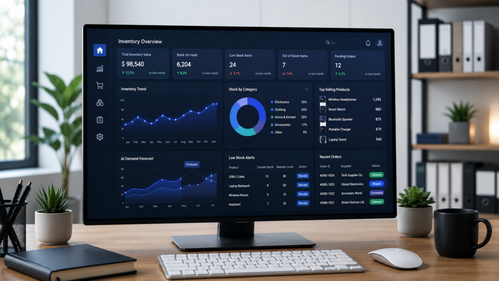 AI business automation dashboard on a modern office workspace showing workflow management, productivity analytics, digital business tools, and performance reports without people.