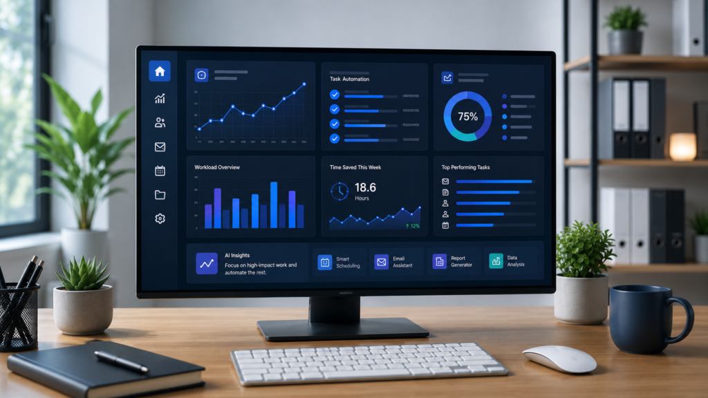 How AI Improves Employee Productivity in Small Businesses AI employee productivity dashboard showing workflow automation and business efficiency