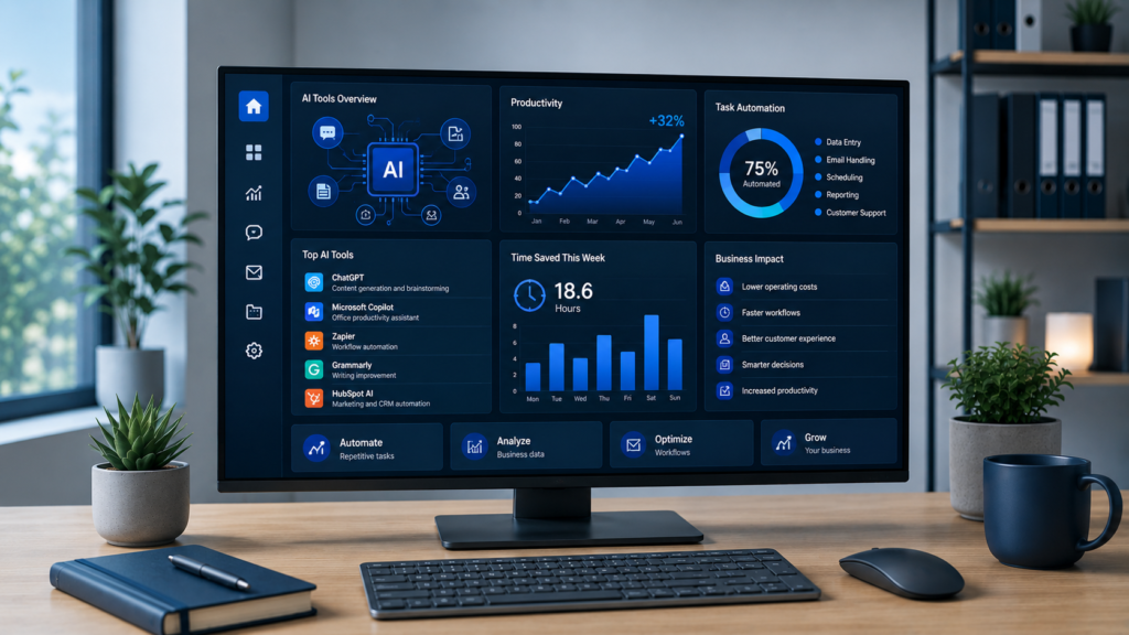 AI employee productivity dashboard showing workflow automation, business analytics, task management, and performance tracking for small businesses