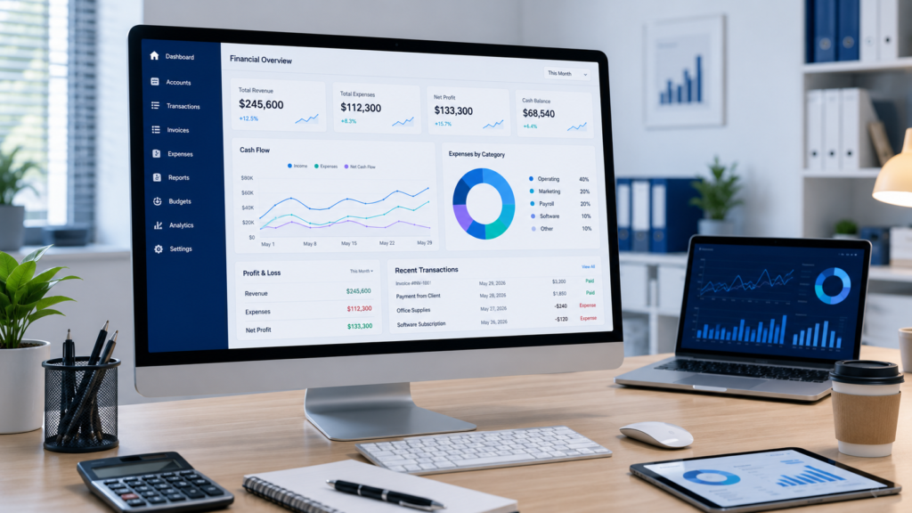 How AI Improves Financial Management for Small Businesses AI financial management dashboard helping a small business automate accounting, budgeting, expense tracking, and cash flow analysis.