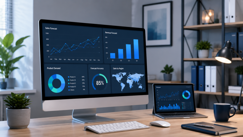 AI sales forecasting dashboard helping small businesses predict revenue, customer demand, inventory needs, and future business growth.
