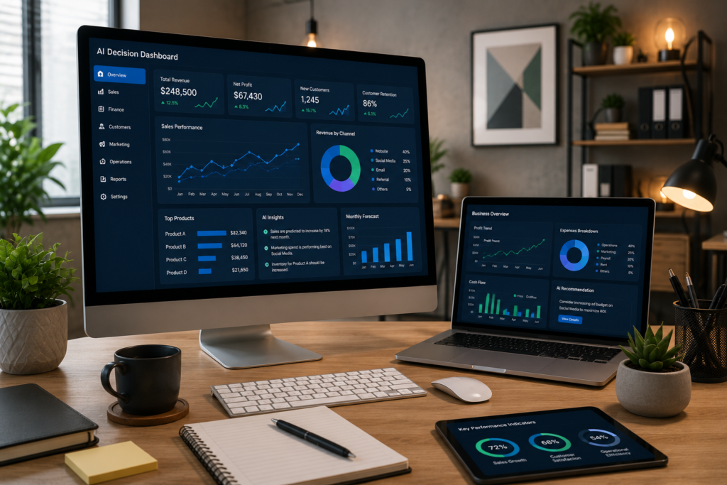How AI Improves Business Decision-Making for Small Businesses AI-powered business decision-making dashboard helping small businesses analyze data, improve planning, monitor performance, and make smarter business decisions.