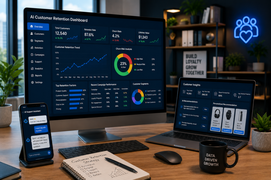 How AI Improves Customer Retention for Small Businesses AI-powered customer retention dashboard helping small businesses analyze customer behavior, improve loyalty, reduce churn, and strengthen customer relationships.