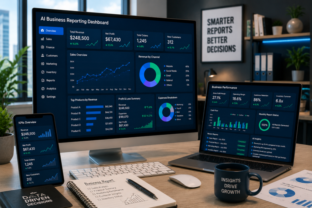 How AI Improves Business Reporting for Small Businesses AI-powered business reporting dashboard helping small businesses generate automated reports, monitor KPIs, analyze performance, and make data-driven decisions.