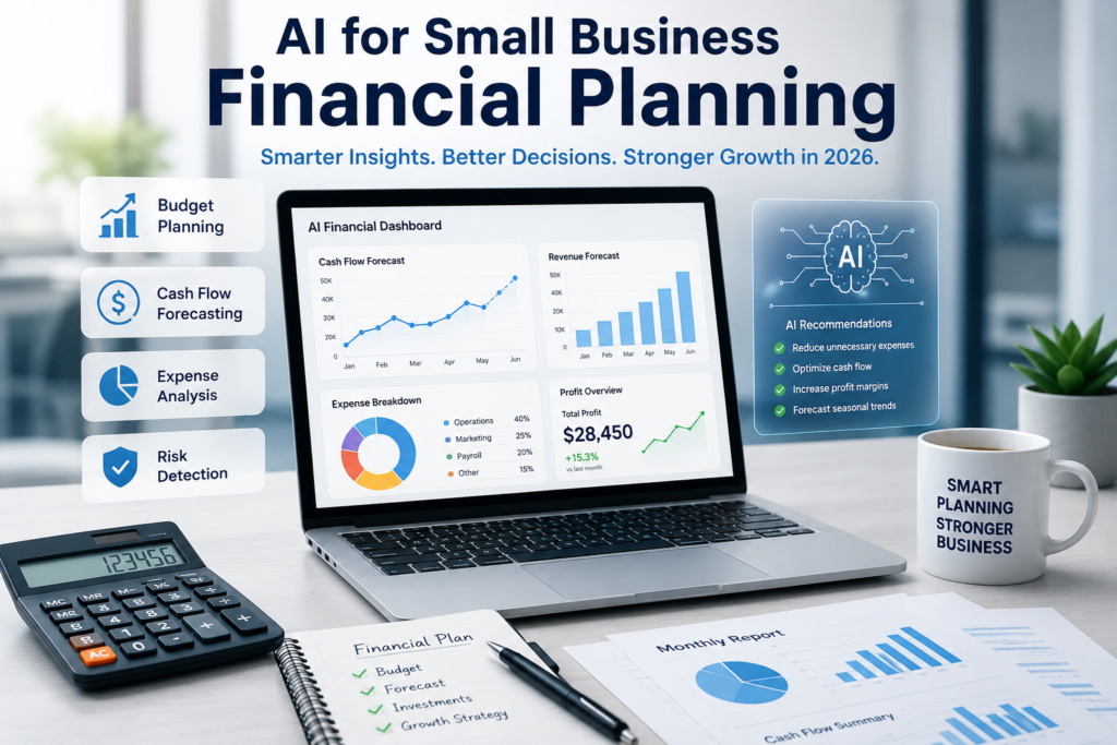 How AI Improves Financial Planning for Small Businesses AI financial planning dashboard helping small businesses manage budgets, forecast cash flow, and improve business decisions.