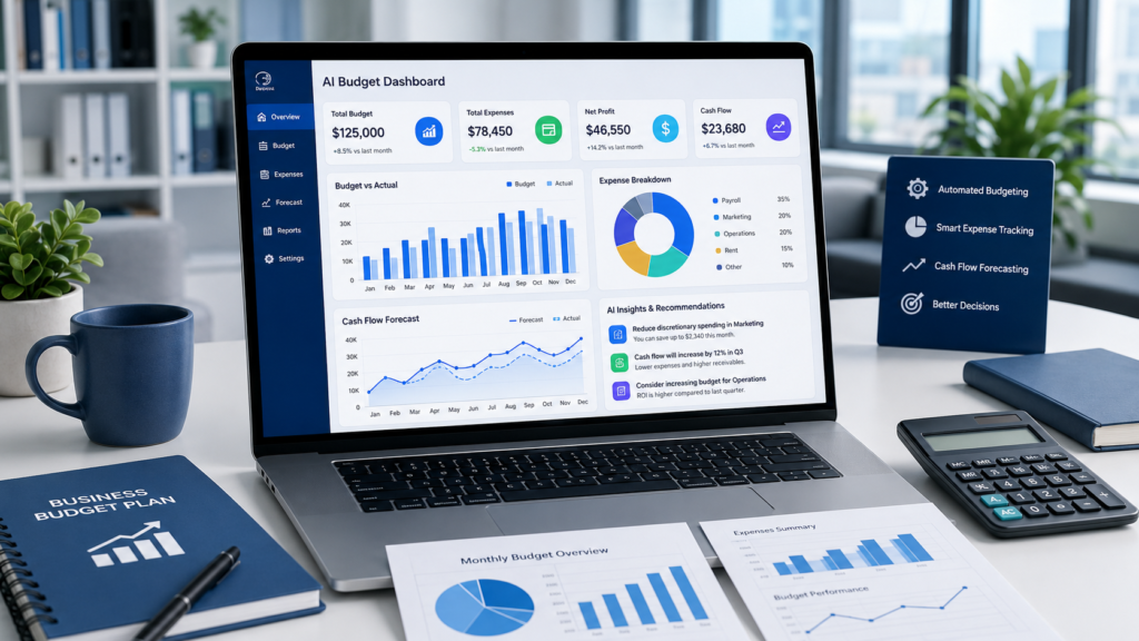 Modern AI business budgeting dashboard displaying automated budget planning, expense tracking, cash flow forecasting, and financial analytics for small businesses.