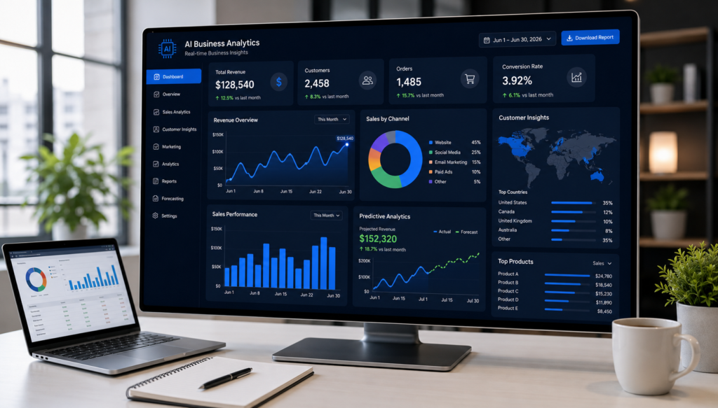 Modern AI business analytics dashboard displaying real-time KPIs, sales performance, customer insights, predictive analytics, and business intelligence for small businesses.