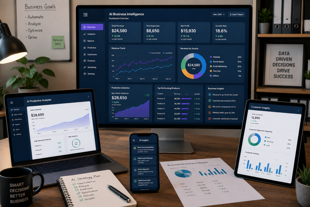 How AI Can Improve Decision Making for Small Businesses Modern business intelligence workspace displaying AI analytics dashboards, predictive analytics reports, and business performance charts.