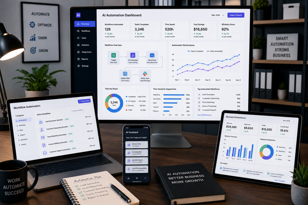 How AI Automation Helps Small Businesses Grow Modern AI automation workspace displaying workflow automation dashboards, business productivity analytics, and artificial intelligence interfaces.