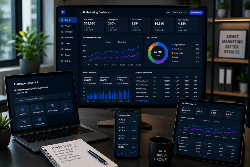 AI Marketing for Small Businesses Modern AI marketing workspace displaying artificial intelligence dashboards, customer analytics reports, and marketing automation tools.