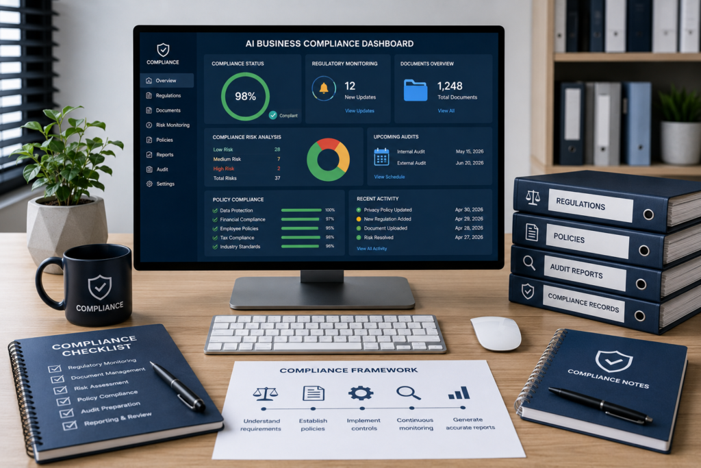 How AI Improves Business Compliance for Small Businesses AI Business Compliance Dashboard Monitoring Regulations Documentation and Business Reports