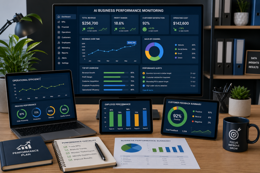 How AI Improves Business Performance Monitoring for Small Businesses AI Business Performance Monitoring Dashboard Showing KPIs Financial Analytics and Operational Insights