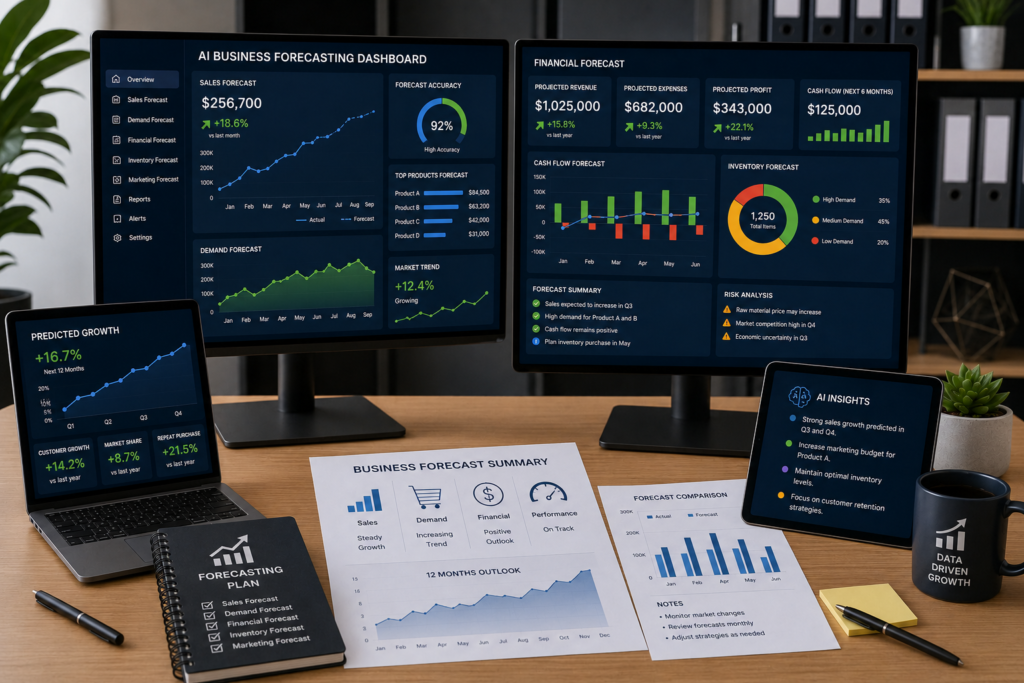How AI Improves Business Forecasting for Small Businesses AI business forecasting dashboard displaying sales predictions, cash flow analysis, demand forecasting, financial charts, and KPI monitoring for small businesses