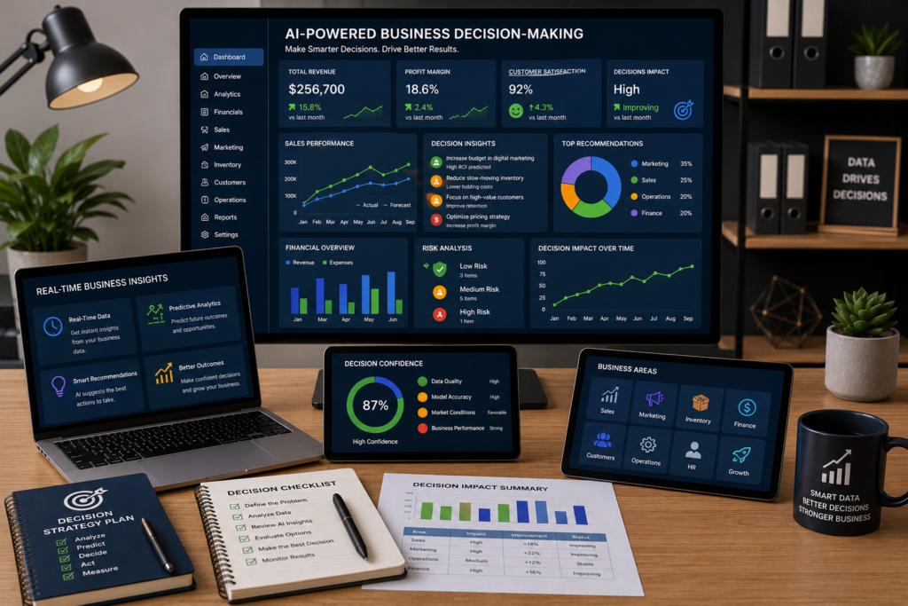 How AI Improves Business Decision-Making for Small Businesses AI business decision-making dashboard displaying business intelligence, KPI analytics, financial reports, forecasting, and strategic planning for small businesses