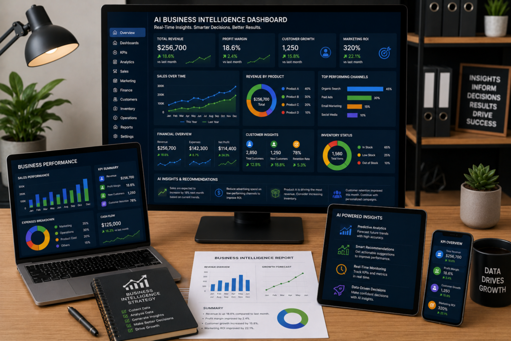 How AI Improves Business Intelligence for Small Businesses AI business intelligence dashboard showing KPI monitoring, business analytics, forecasting, financial reports, and real-time insights for small businesses