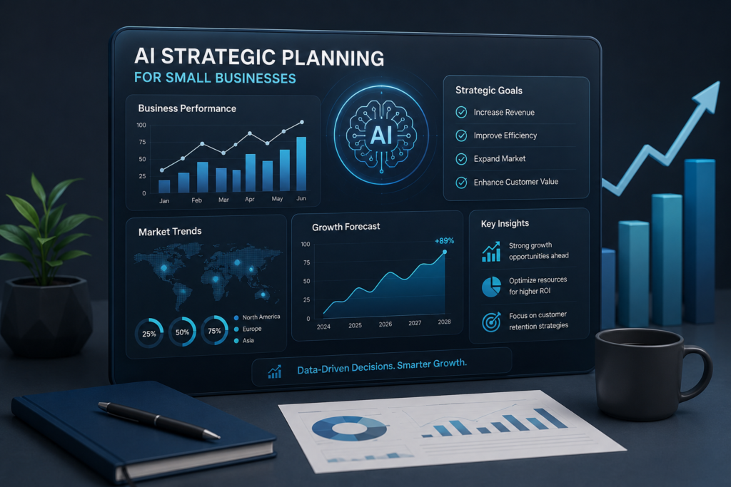 How AI Improves Strategic Planning for Small Businesses in 2026 AI strategic planning dashboard helping small businesses analyze business performance, market trends, and long-term growth strategies.