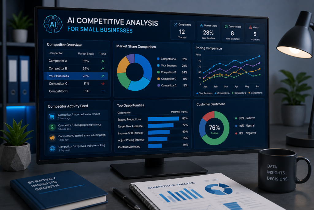 How AI Improves Competitive Analysis for Small Businesses in 2026 AI competitive analysis dashboard helping small businesses monitor competitors, pricing strategies, market trends, and customer insights in 2026.