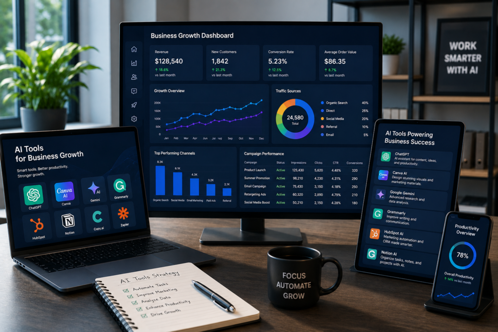 Best AI Tools for Business Growth in 2026 Modern business workspace displaying AI productivity tools, business analytics dashboards, marketing automation software, and artificial intelligence business growth platforms.