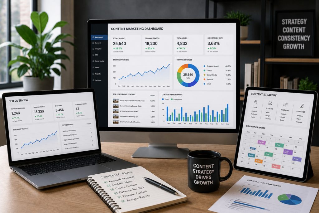 How Content Marketing Helps Small Businesses Grow in 2026 Modern content marketing workspace displaying SEO analytics dashboards, content strategy tools, and business growth reports.
