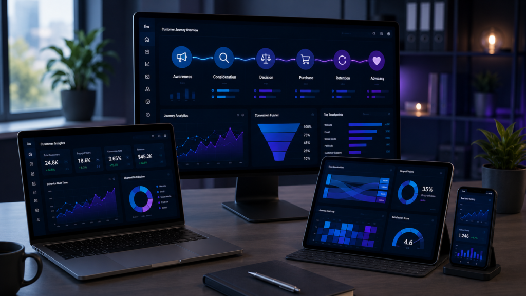 AI Customer Journey Mapping for Small Businesses AI customer journey mapping dashboard displaying customer interactions, conversion funnel, behavioral analytics, engagement metrics, and business insights for small businesses.