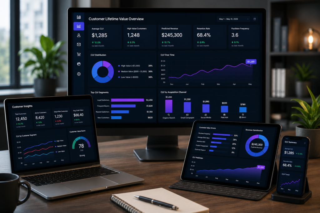 AI Customer Lifetime Value for Small Businesses AI customer lifetime value dashboard showing customer retention, revenue forecasting, predictive analytics, and business performance metrics for small businesses.