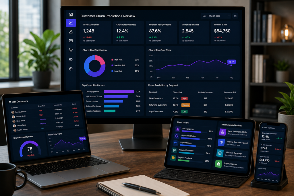 AI Customer Churn Prediction for Small Businesses AI customer churn prediction dashboard helping small businesses identify at-risk customers and improve retention