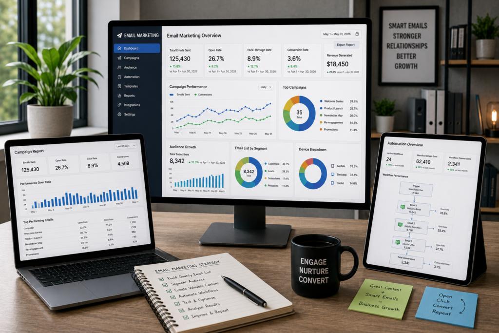 How Email Marketing Helps Small Businesses Grow in 2026 Modern email marketing workspace displaying email campaign dashboards, marketing automation tools, customer analytics reports, and business growth charts.