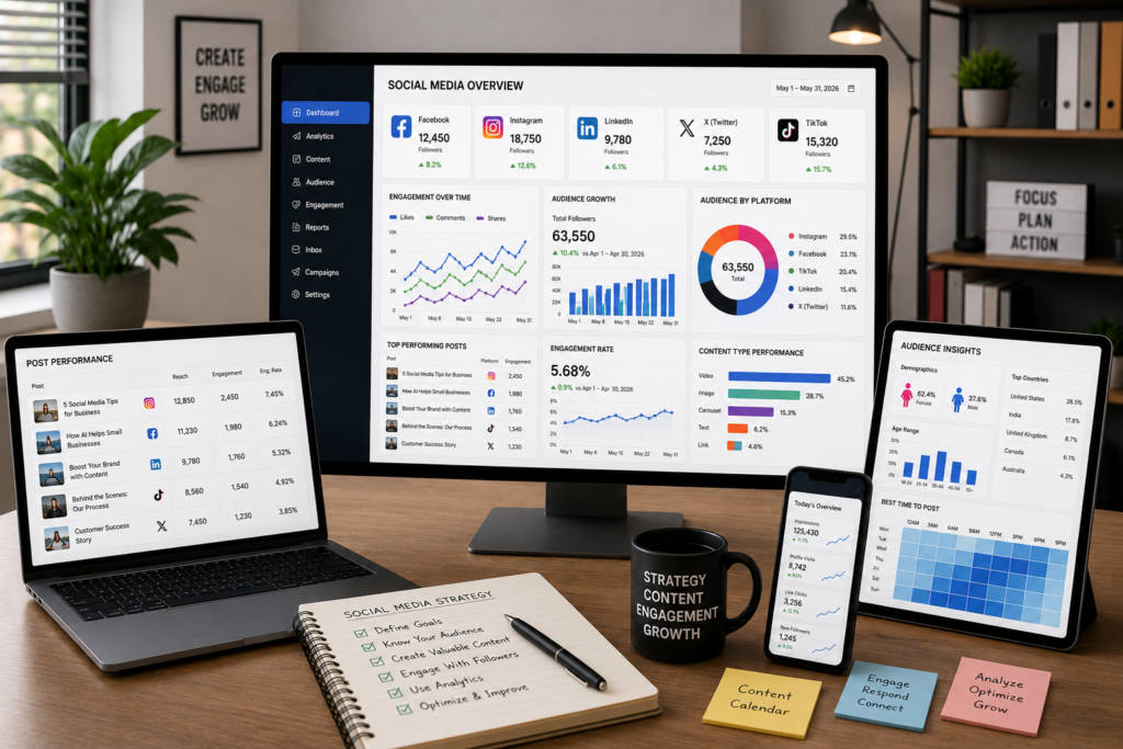 How Social Media Marketing Helps Small Businesses Grow in 2026 Modern social media marketing workspace displaying social media analytics dashboards, audience engagement reports, digital marketing tools, and business growth charts.