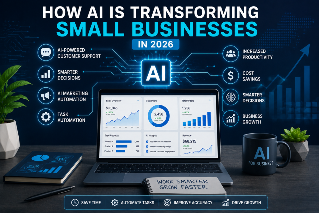 How AI Is Transforming Small Businesses in 2026 Modern AI business workspace with automation dashboards, analytics reports, productivity software, digital marketing tools, and performance charts in a professional office environment, no people.