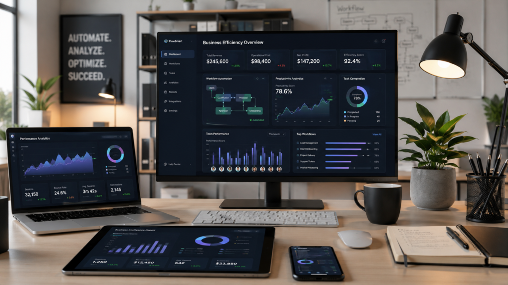 How AI Improves Business Efficiency in 2026 Modern AI business workspace with workflow automation dashboards, productivity analytics, business intelligence reports, and performance charts, no people.