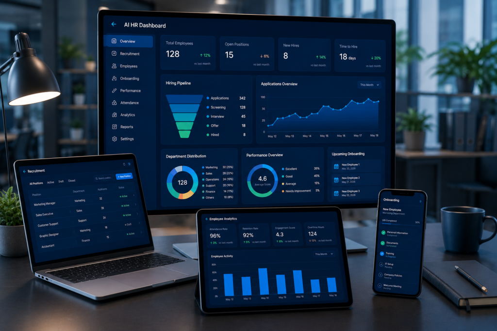 Modern AI human resources dashboard displaying recruitment analytics, employee management software, hiring automation, workforce analytics, and HR performance reports, no people.