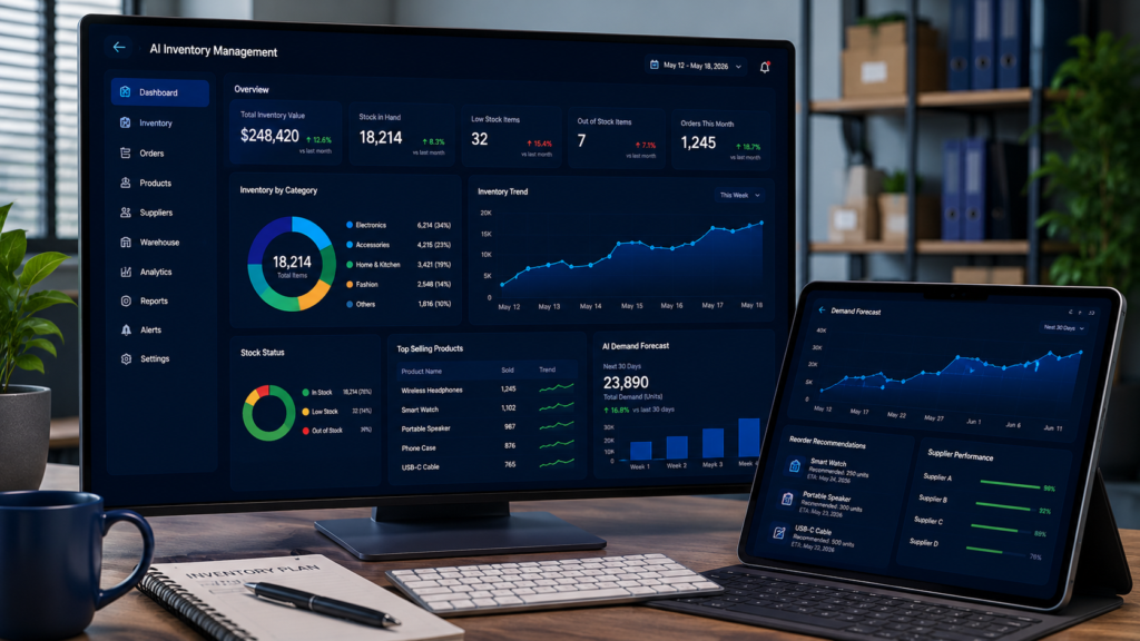 Modern AI inventory management dashboard with stock tracking analytics, warehouse automation, demand forecasting, and smart inventory optimization, no people.