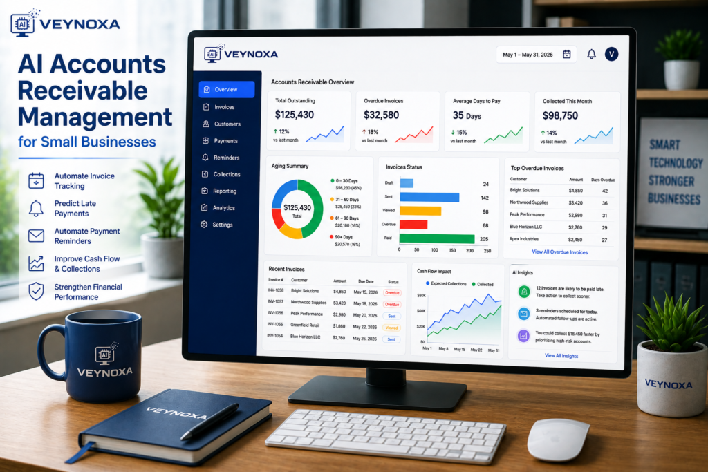 AI Accounts Receivable Management for Small Businesses AI accounts receivable management dashboard helping small businesses track invoices, predict late payments, and improve cash flow.