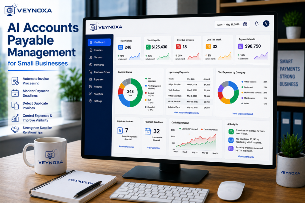 AI Accounts Payable Management for Small Businesses AI accounts payable management dashboard helping small businesses automate invoices, monitor payments, detect duplicates, and control expenses.