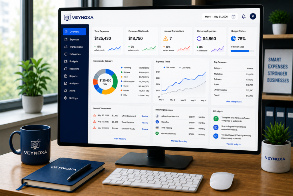 AI Expense Management for Small Businesses AI expense management dashboard helping small businesses track expenses, monitor budgets, detect unusual transactions, and improve financial visibility.