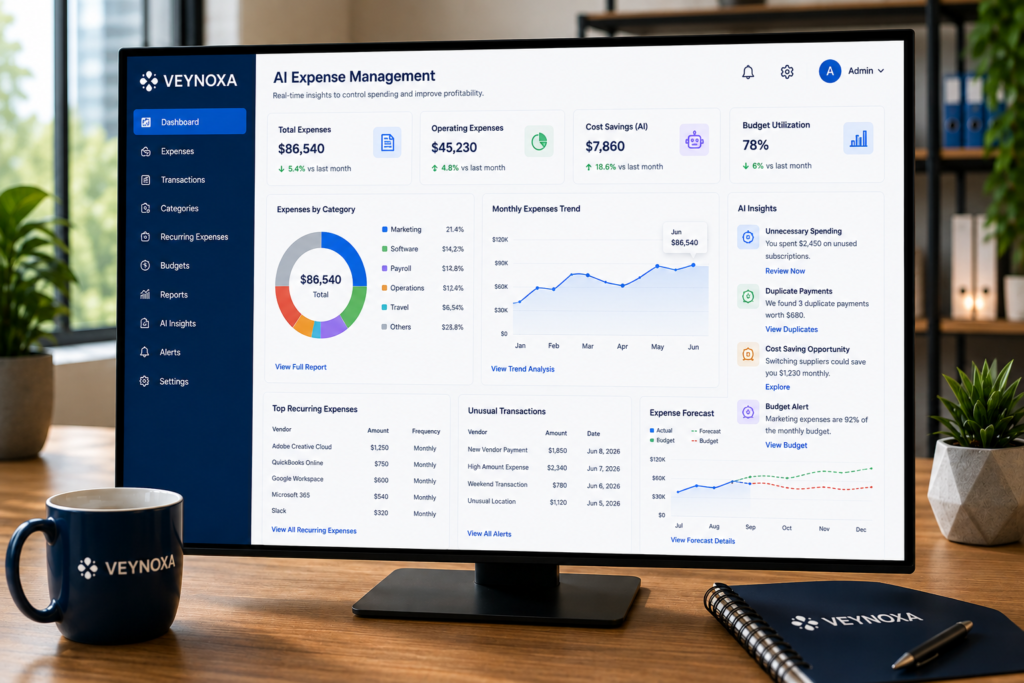How AI Improves Expense Management for Small Businesses AI expense management dashboard showing business expenses, budgets, recurring costs, unusual transactions, and expense forecasts