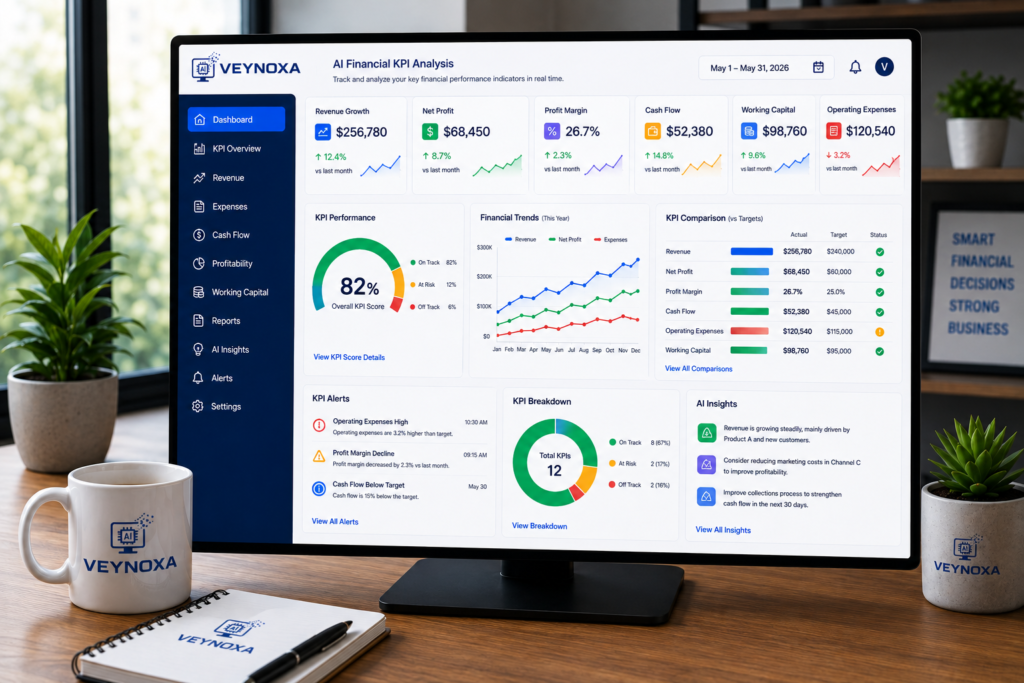 How AI Financial KPI Analysis Helps Small Businesses AI financial KPI analysis dashboard for small businesses showing revenue, profit margin, cash flow, working capital, and financial performance