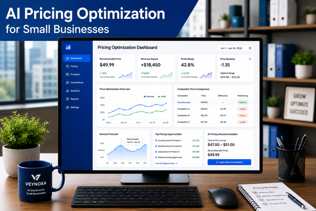 AI Pricing Optimization for Small Businesses AI pricing optimization dashboard helping small businesses make smarter pricing decisions